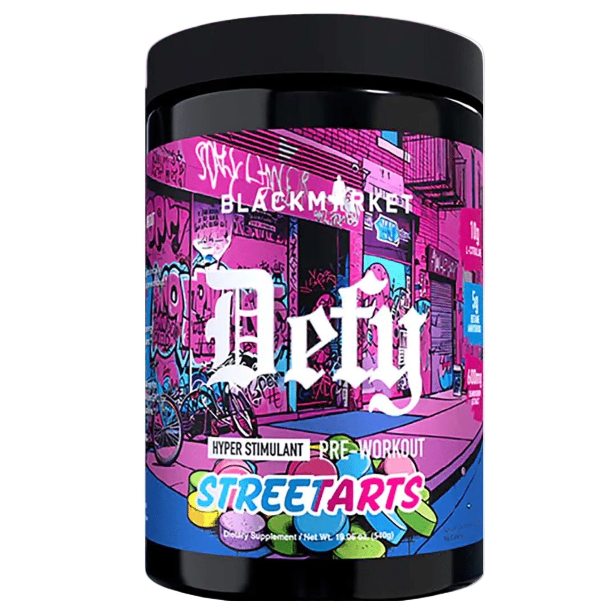 Black Market DEFY pre-workout powder, front of container