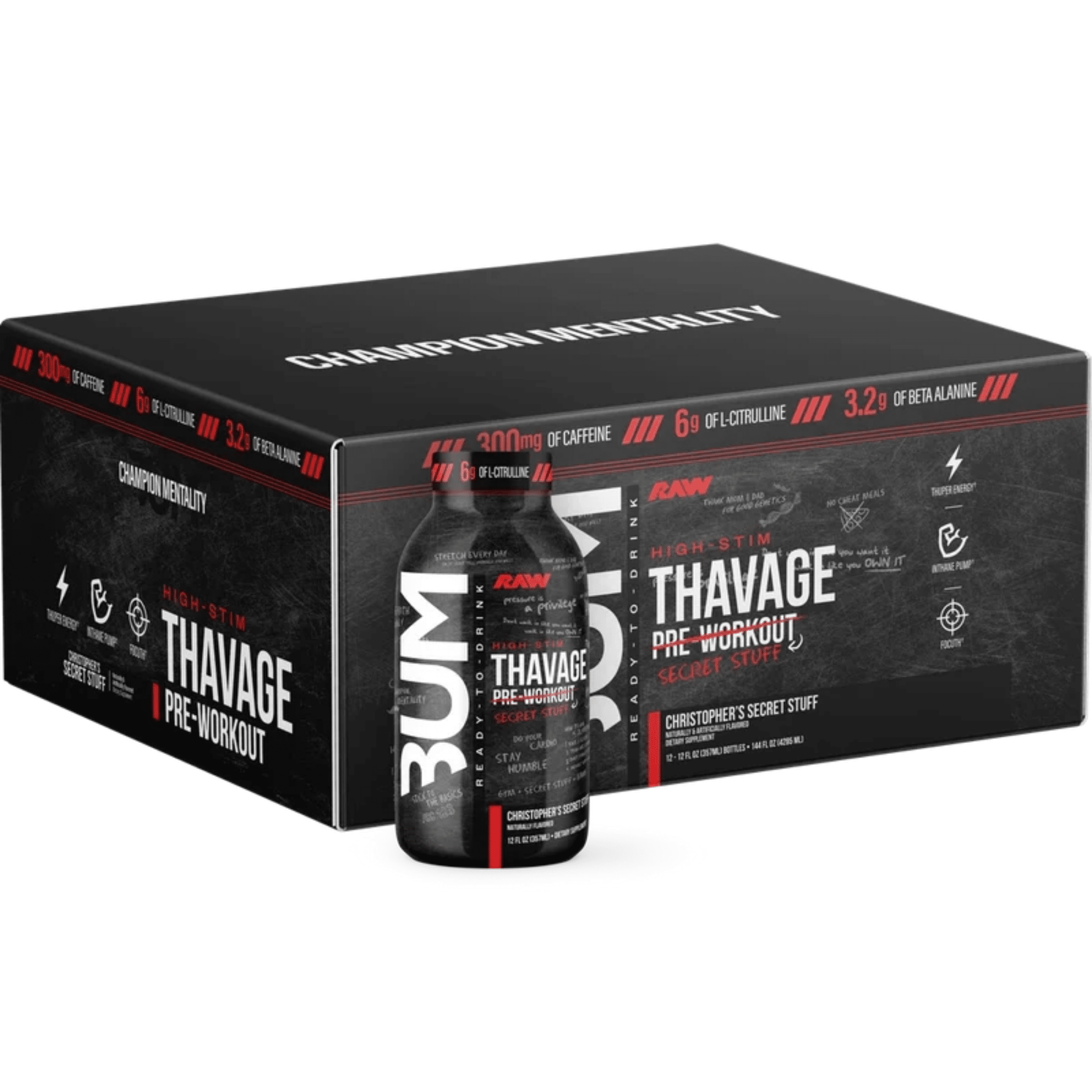 Raw Nutrition Thavage RTD pre-workout powder, 12ct size, Secret Sauce flavor