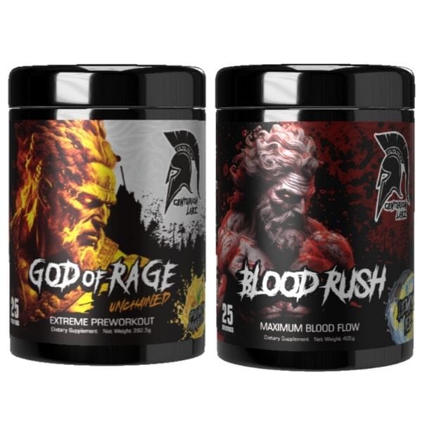 Centurion Labz Rage & Rush Stack protein powder, Peach Mango flavor, Lemon Ice flavor