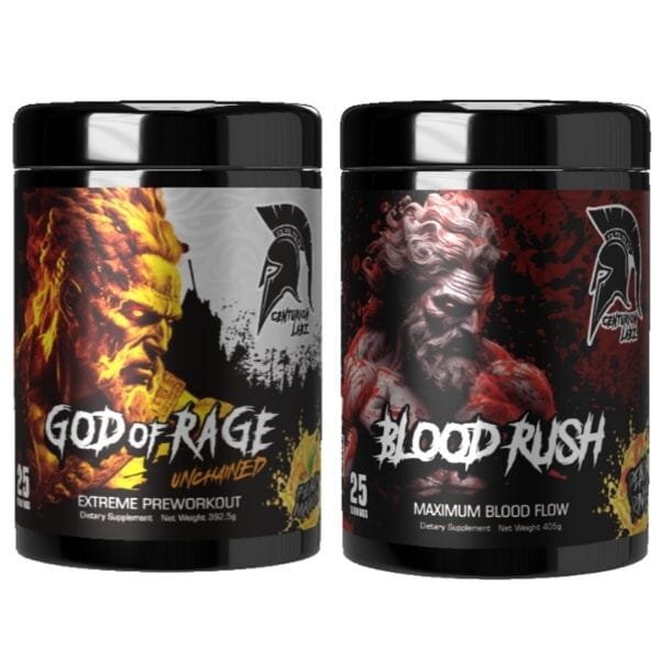 Centurion Labz Rage & Rush Stack protein powder, Peach Mango flavor, Peach Rings flavor