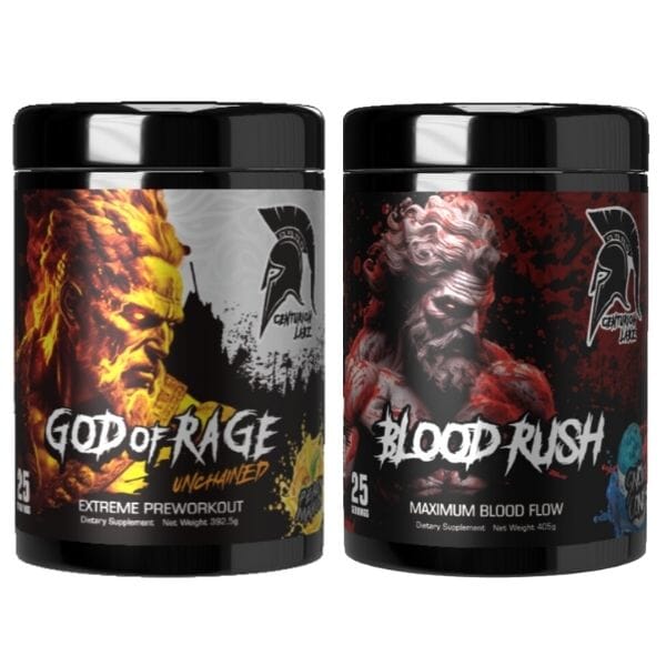 Centurion Labz Rage & Rush Stack protein powder, Peach Mango flavor, Snowcone flavor