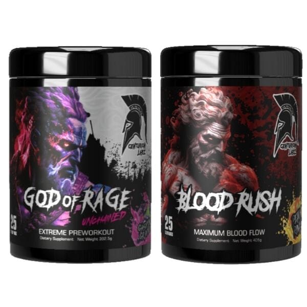 Centurion Labz Rage & Rush Stack protein powder, Rainbow Sherbert flavor, Peach Rings flavor