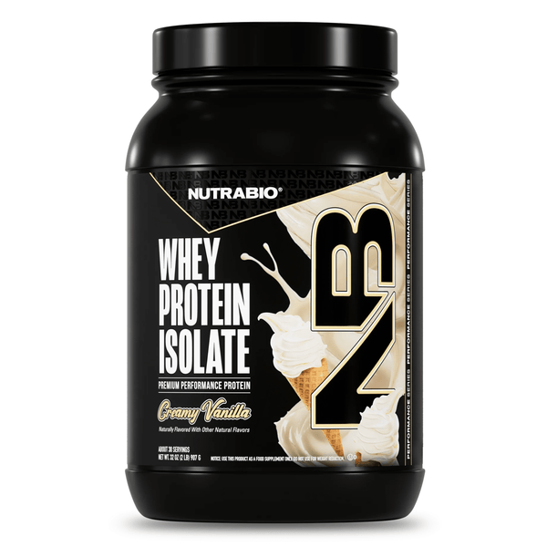 NutraBio 100% Whey Isolate protein powder, front of container