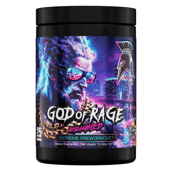 Centurion Labz God of Rage Unchained pre-workout powder, front of container