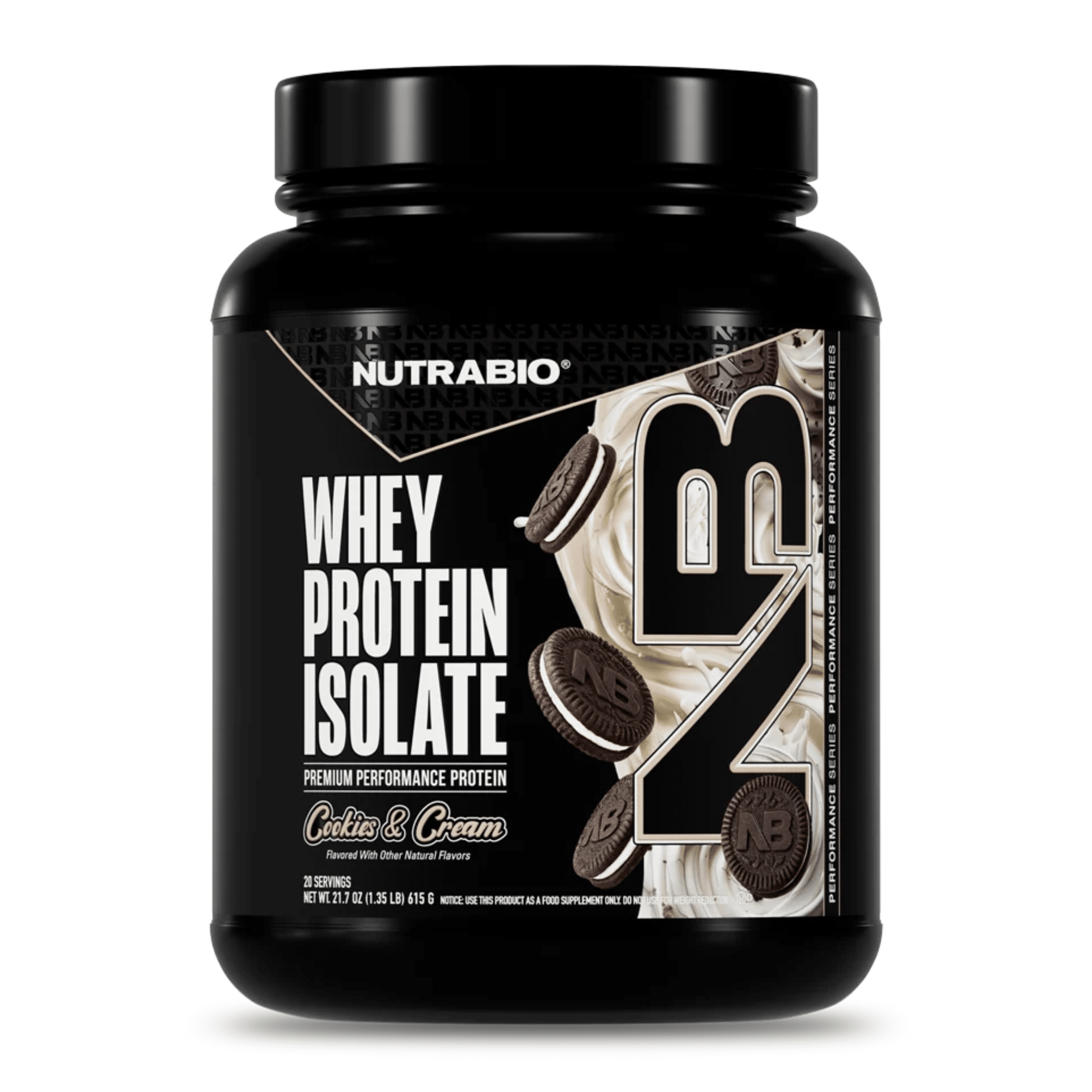 Nutra Bio 100% Whey Isolate protein powder, 20sv size, Cookies & Cream flavor