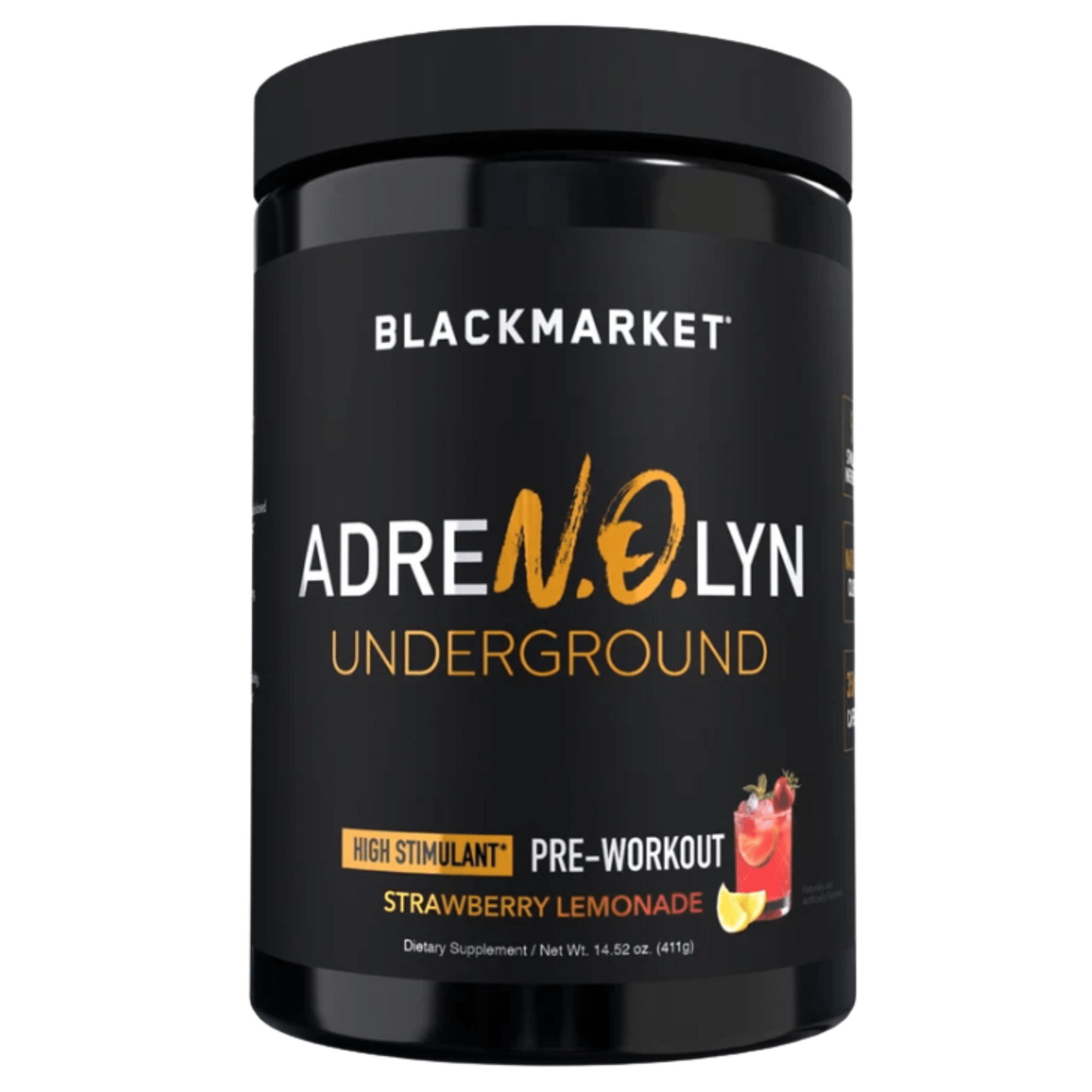 Black Market Labs Adrenolyn Underground pre-workout powder, front of container