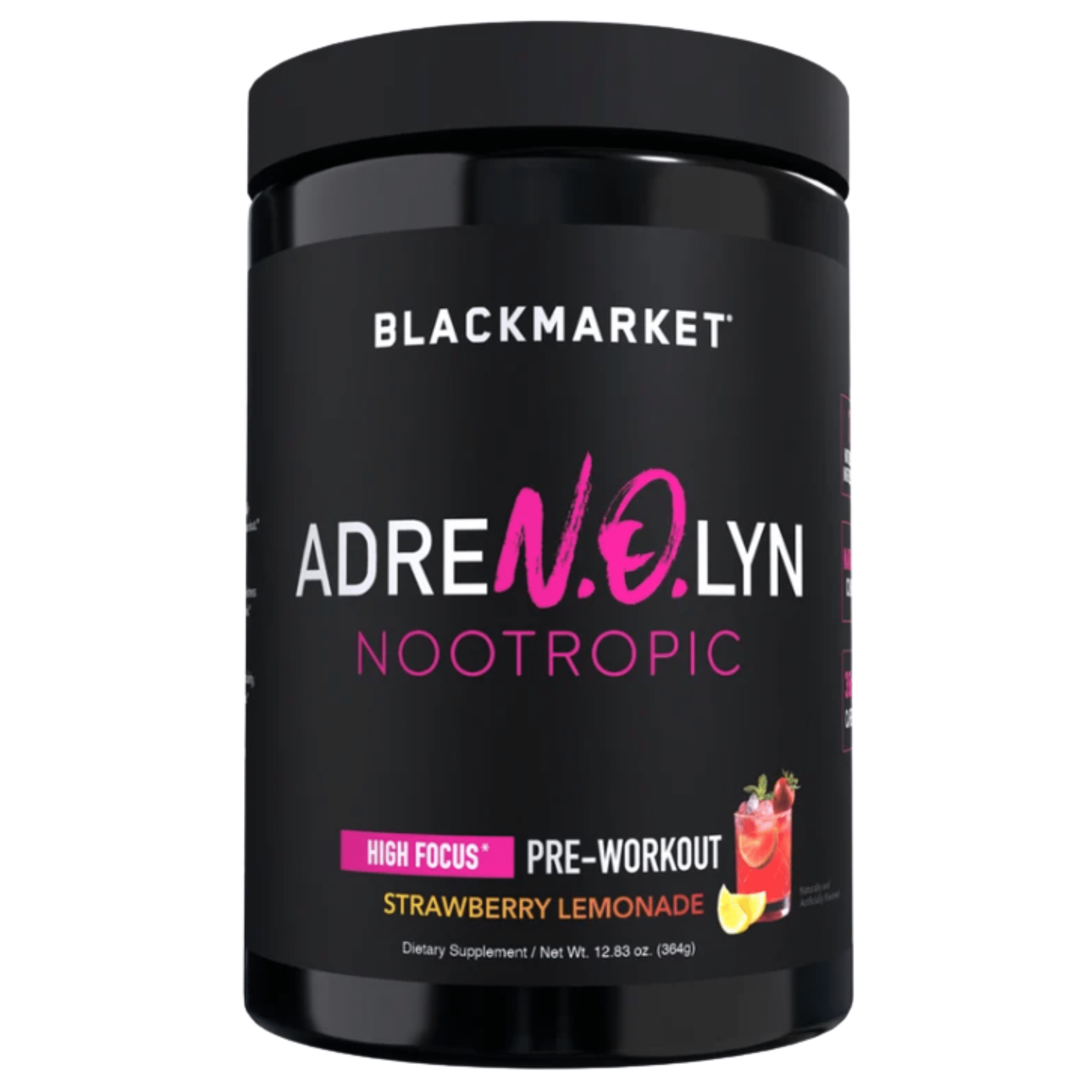 Black Market AdreNOlyn Nootropic pre-workout powder, front of container