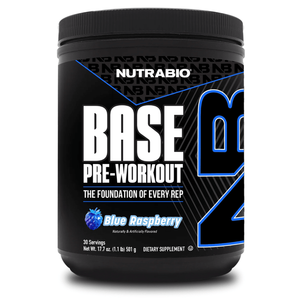 NutraBio Base Pre-workout powder, front of container