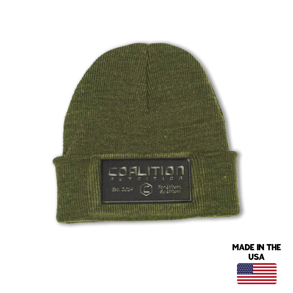 Coalition Nutrition USA Made Beanie w/ Knit Patch Olive Color