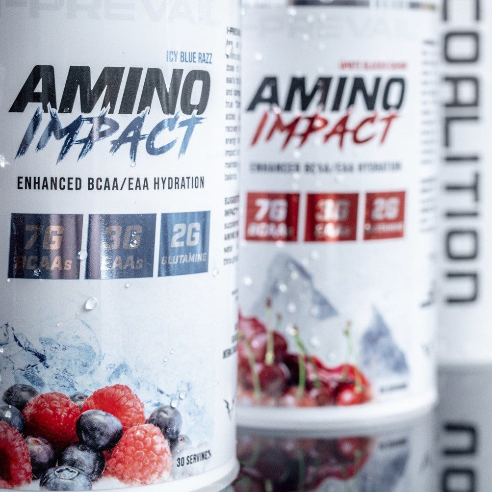 Icy Blue Razz and White Glacier Cherry Flavored I-Prevail Amino Impact Coalition Nutrition 